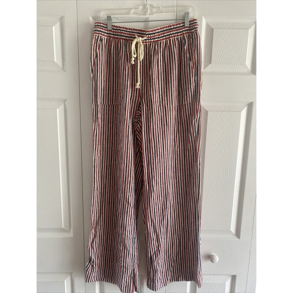 Indigo Rein Women's Large Linen Blend Navy Red Striped Wide Leg Pull On Pants - Picture 1 of 8